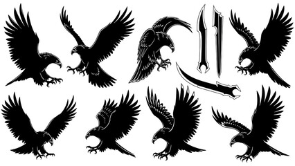 Obraz premium Black silhouettes of birds in flight isolated on transparent background