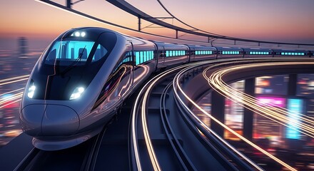 Modern silver bullet train speeding on elevated tracks at sunset with blurred city lights