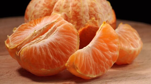 Peeled mandarin orange with segments turning slowly on wood background.