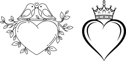 Couple Birds on Heart Frame with Crown Heart
