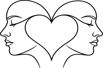 Two Faces Forming a Heart Outline, Unity and Love Symbol, Minimalist Line Art