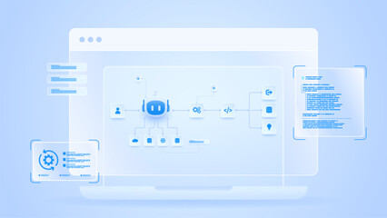 AI workflow automation artificial intelligence. ai agent workflow diagram dashboard machine learning showing node input, processing module and process flow.