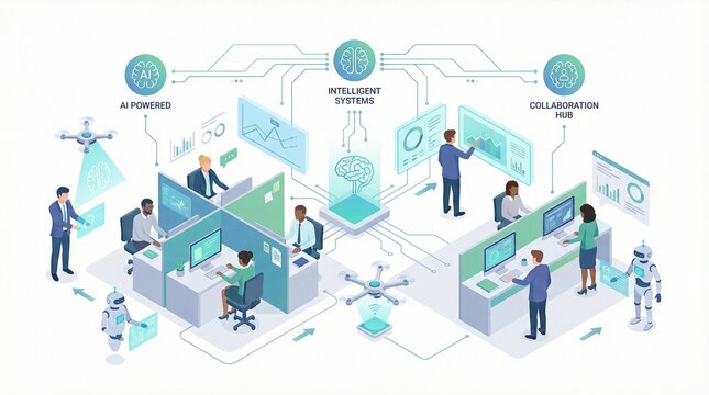 Isometric illustration of business professionals working with AI technology in a futuristic office setting with various digital screens and robots.