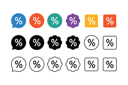 Collection of eighteen percent sign icons in various colors styles and shapes on white background