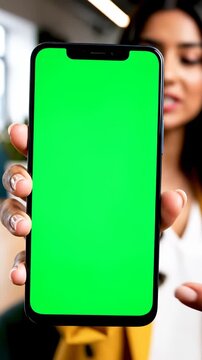 Smiling Indian Woman In Yellow Blazer Holds Green Screen Phone With One Hand And Points With Finger