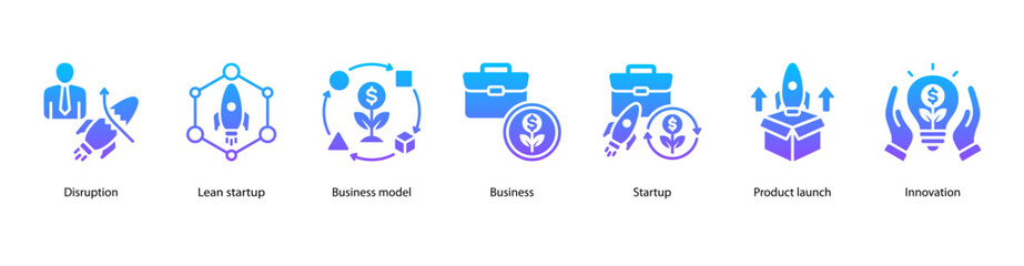 Obraz premium Disruption and Lean Innovation web banner featuring Disruption, Lean Startup, Business Model, Business, Startup, Product Launch, and Innovation.