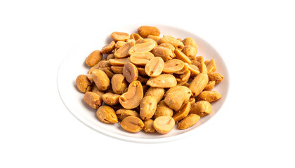 A close-up shot of a small white plate filled with roasted peanuts, appearing golden brown and slightly salted. The plate sits against a black backdrop