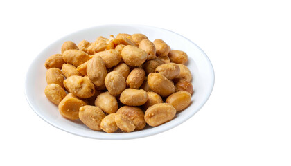 A close-up shot of a small white plate filled with roasted peanuts. They are golden brown and lightly salted