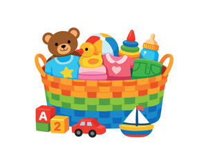 Obraz premium big basket organizer with simple toy and clothes универсальная корзина для детских вещей clean shapes. colored flat icon vector illustration