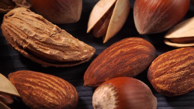 Macro shot of assorted nuts on black wood. Almonds, pistachios, hazelnuts. Slow camera slide, macro.