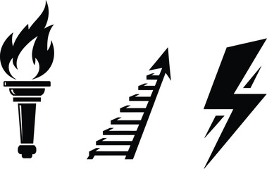 Torch, Stairs, Lightning Bolt Icons: Symbolizing Inspiration, Progress, and Energy