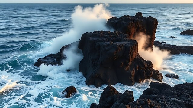 meson. Lava meeting ocean, forming black volcanic rock with rising steam at sunset. inspiring travel planning, travel magazines, designed for travel destination branding, used by nutritionists.