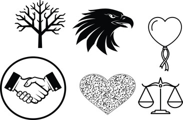 Vector Icons: Tree, Eagle, Heart Balloon, Handshake, Music Heart, Scales of Justice