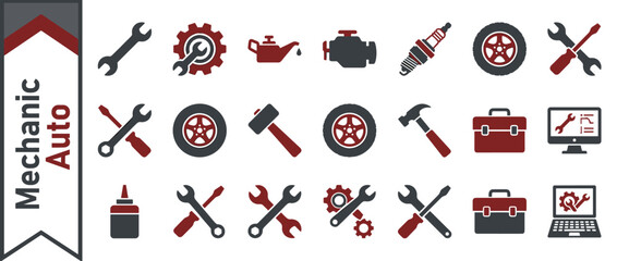 Auto Mechanic Service Icon Set with Car Repair Tools, Wrench, Screwdriver, Gear, Engine, Spark Plug, Tire, Toolbox, and Diagnostic Computer Graphics for Automotive Maintenance and Workshop.