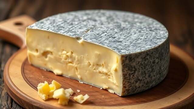 tomme. A cut wedge of Tomme cheese showcasing its dense, pale yellow interior. menu design, packaging mockups, designed for culinary blogs and recipe cards for restaurants, used by lab technicians.