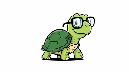 Obraz premium Cute green cartoon turtle wearing black eyeglasses, smiling tortoise character, isolated on white