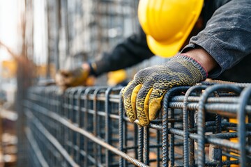 Construction worker hands holding steel rebar with safety gloves