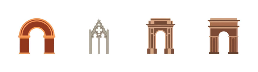 Naklejka premium Assortment of architectural arches displaying diverse historical styles such as Roman, Gothic, and triumphal gateways, suitable for cultural heritage projects and educational content.