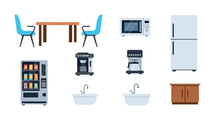 Selection of household and office appliances with furniture including table chairs microwave refrigerator vending machine coffee makers sinks cabinet for kitchen staff room break area