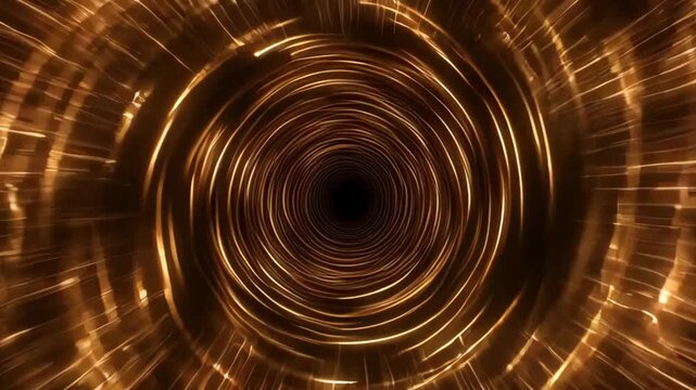 Golden swirling tunnel of light streaks with concentric circular patterns in motion