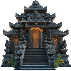 Fototapeta premium Ancient Balinese Stone Temple with Intricate Carvings and Golden Door Isolated on White isolated on transparent background