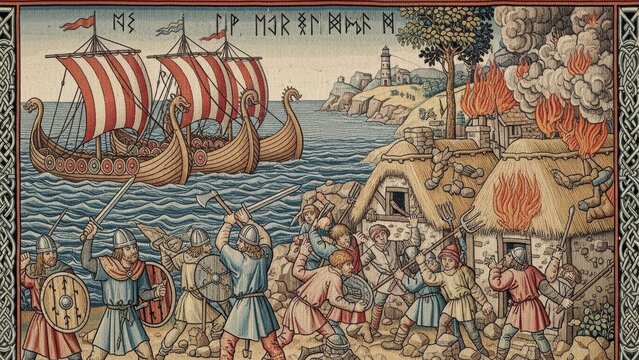 Viking Invasion Tapestry: A historical tapestry depicts a dramatic Viking invasion scene, with longships approaching the shore as warriors clash in a fiery battle.