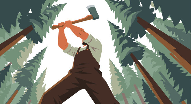 A determined lumberjack, viewed from below, vigorously swings a sharp axe amidst a towering forest, symbolizing hard work and the logging industry.