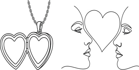 Heart Locket Necklace & Romantic Couple Face Outline Art, Love Symbol