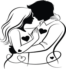 Couple Embracing Silhouette with Hearts, Romantic Love Symbol, Valentine's Day