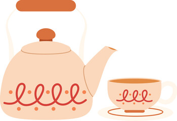 Brown cozy teapot and cup, Hand draw traditional kettle and tea mug illustration