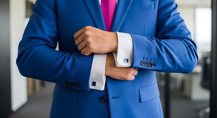 Fototapeta premium Man in blue suit adjusting cufflinks with white shirt cuffs and pink tie indoors