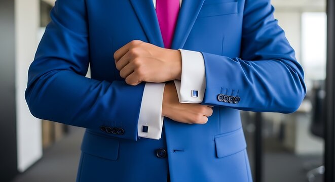 Man in blue suit adjusting cufflinks with white shirt cuffs and pink tie indoors