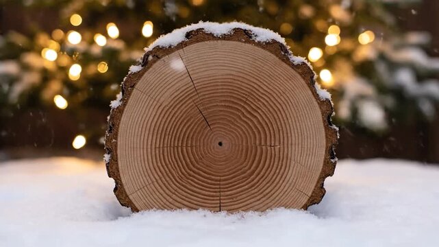 Cross-section of a tree trunk with snow-covered bark and bokeh lights in the background