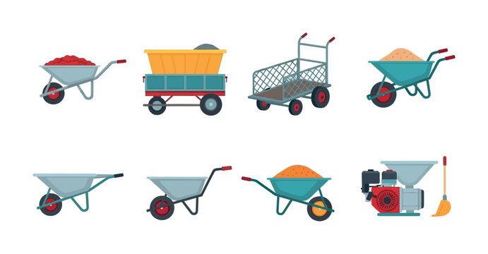 Diverse collection of utility vehicles featuring singlewheel and multiwheel wheelbarrows, garden carts, and a small agricultural machine for efficient material transport and outdoor work.