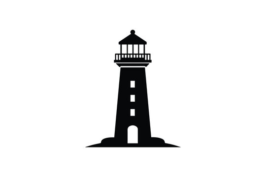 Black silhouette of a lighthouse standing tall on rocky ground, guiding light source