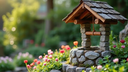 Miniature stone wishing well with wooden roof, decorative garden ornament surrounded by colorful spring flowers and greenery outdoors
