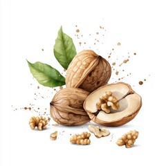 Watercolor splash of walnuts, isolated on a white background.