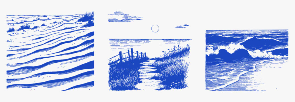 Beach dunes grass path wooden fence waves. Hand drawn coastal textures and flowing shoreline in bold blue ink sketch. Illustration for backgrounds, prints or travel themes.