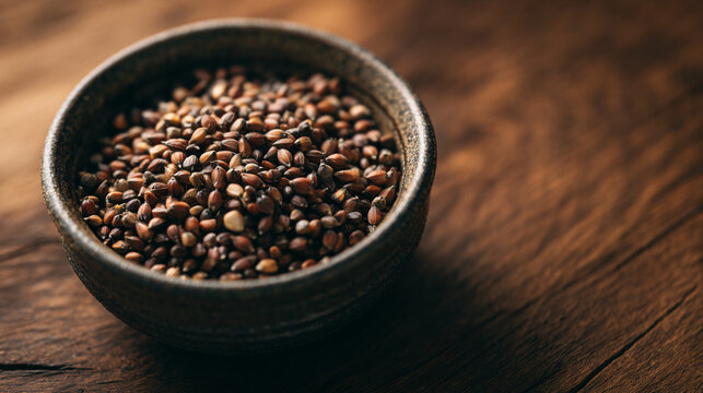 A small ceramic bowl filled with brown buckwheat grains on a wooden surface