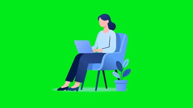 Woman Working on Laptop Animation | Business and Remote Work Loop animation with chorme key green bg