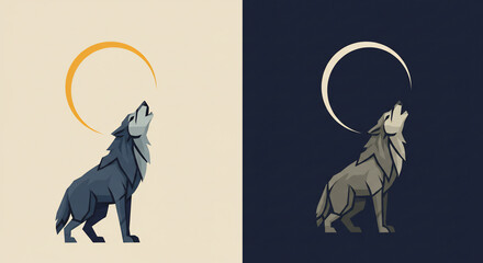 Obraz premium Wolves howling at crescent moon in day and night