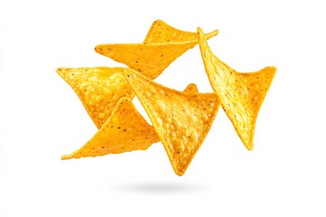 Fototapeta premium Flying nacho chips in mid-air against a white background showcasing snack movement and fun moments during party time