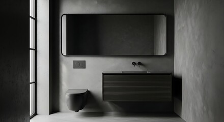 Obraz premium Modern minimalist bathroom interior design with concrete walls and large mirror.