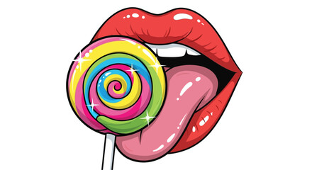 Vibrant cartoon illustration of red lips licking a sparkling rainbow swirl lollipop with a pink tongue.