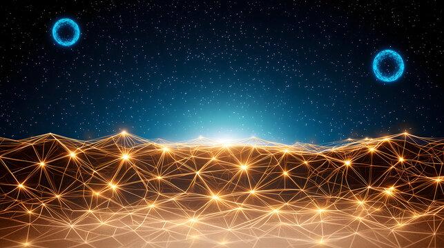 Futuristic digital landscape with glowing connections and stars in night sky
