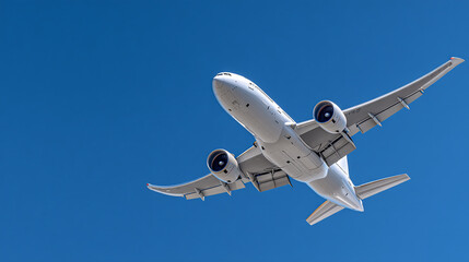 Obraz premium A white airplane soars through a clear blue sky with its wings outstretched