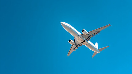 Obraz premium A commercial airplane flying high in a clear blue sky during the daytime