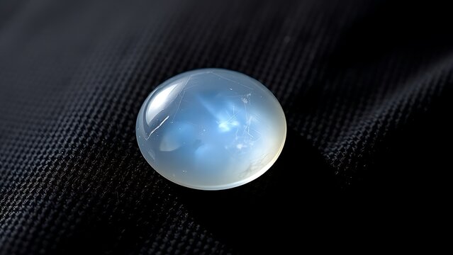 culpability. A moonstone gemstone glowing softly on dark fabric, close-up view. STEM education sheets, lab safety posters, designed for STEM education and laboratory safety posters.