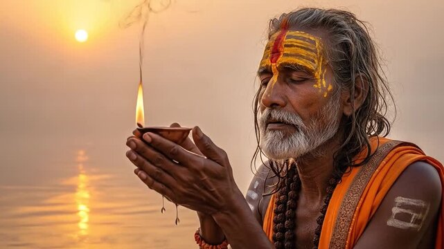 Hindu Sadhu Performs Puja Devotion on Ganges River Varanasi India at Sunrise