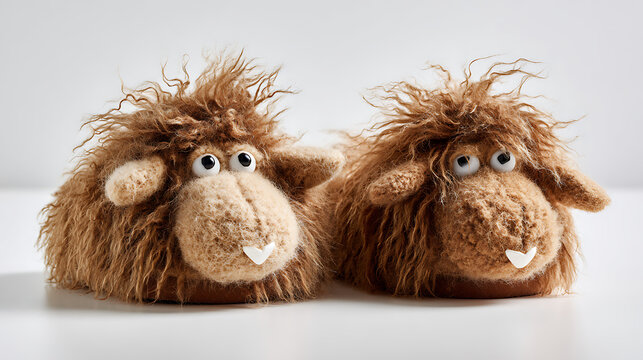 Whimsical fluffy slippers resembling sheep with shaggy fur and cute faces on white background for cozy home comfort and relaxation
